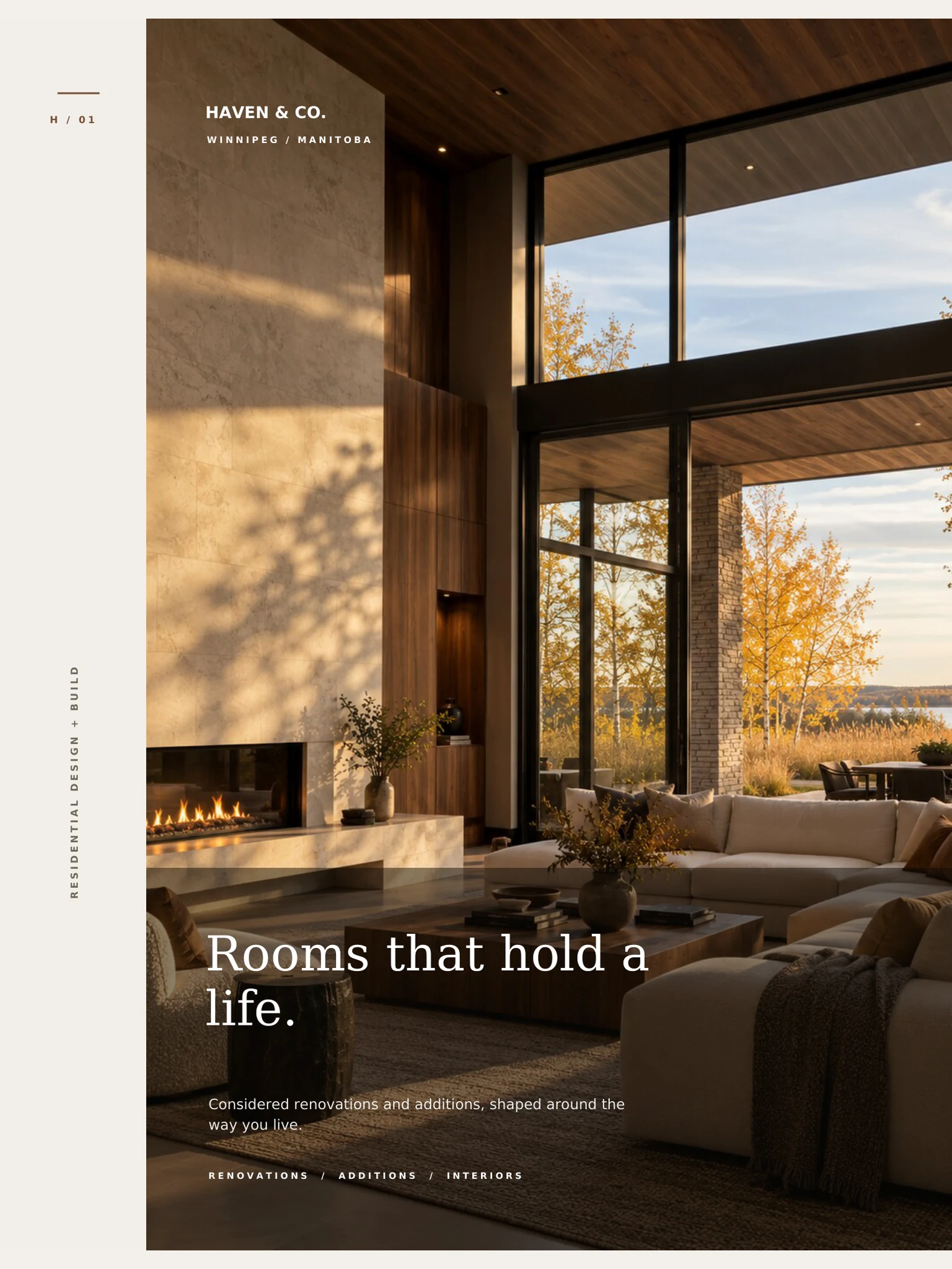 Cover of the Haven & Co. brochure: a warm modern living room with a fireplace and tall windows, under the headline “Rooms that hold a life.”