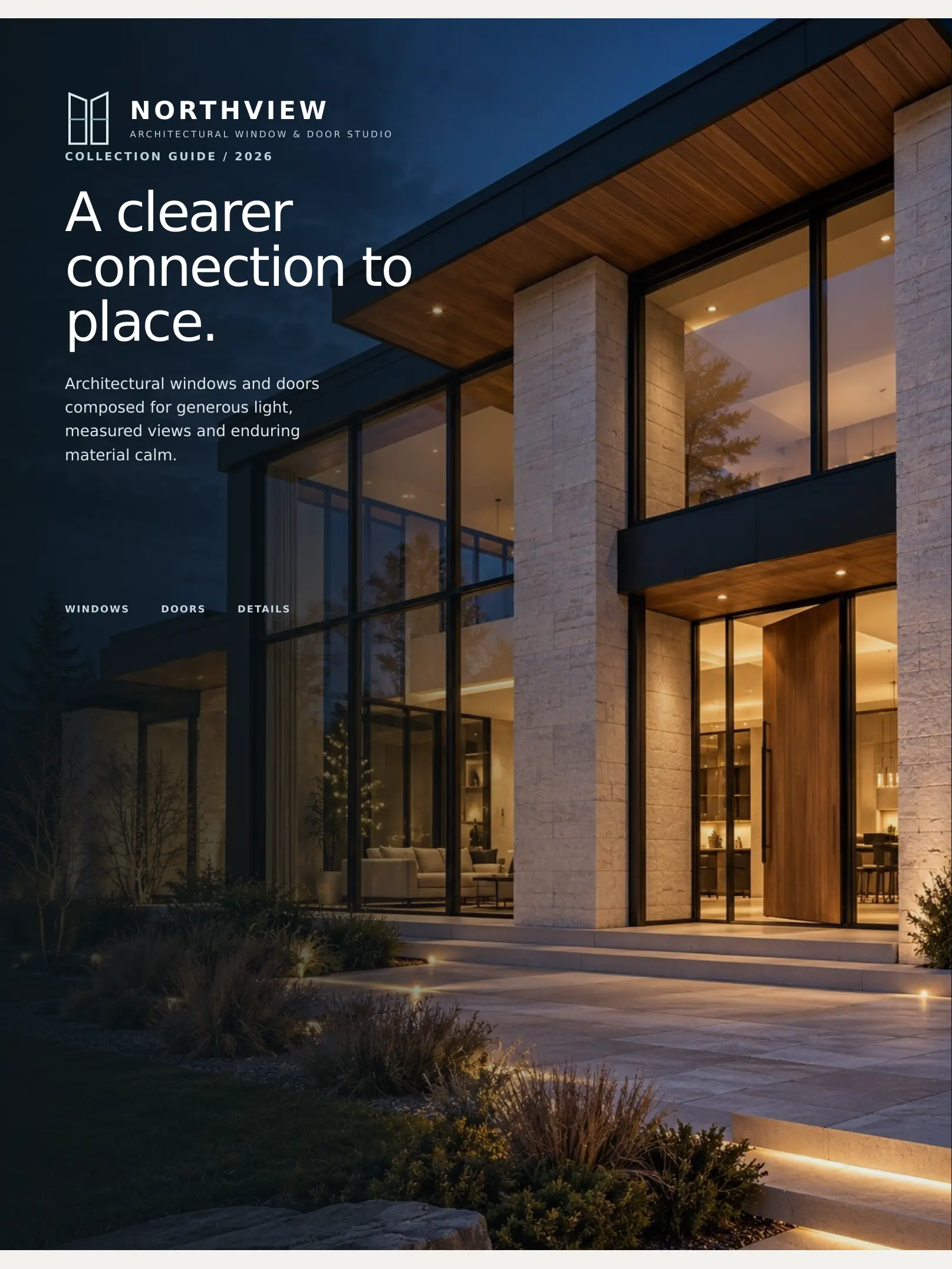 Cover of the Northview collection guide: a pale-stone house with tall dark-framed windows at dusk, under the headline “A clearer connection to place.”