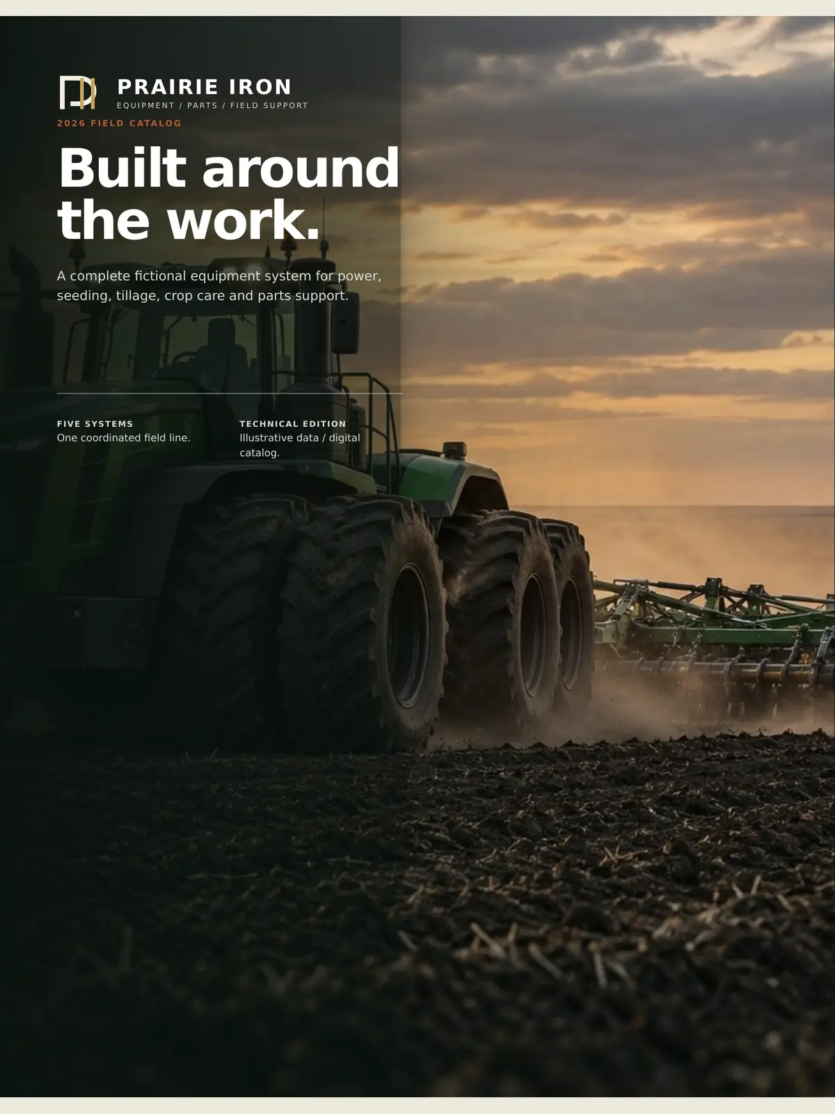 Cover of the Prairie Iron 2026 field catalog: a green articulated tractor pulling a cultivator across dark soil at sunrise, under the headline “Built around the work.”