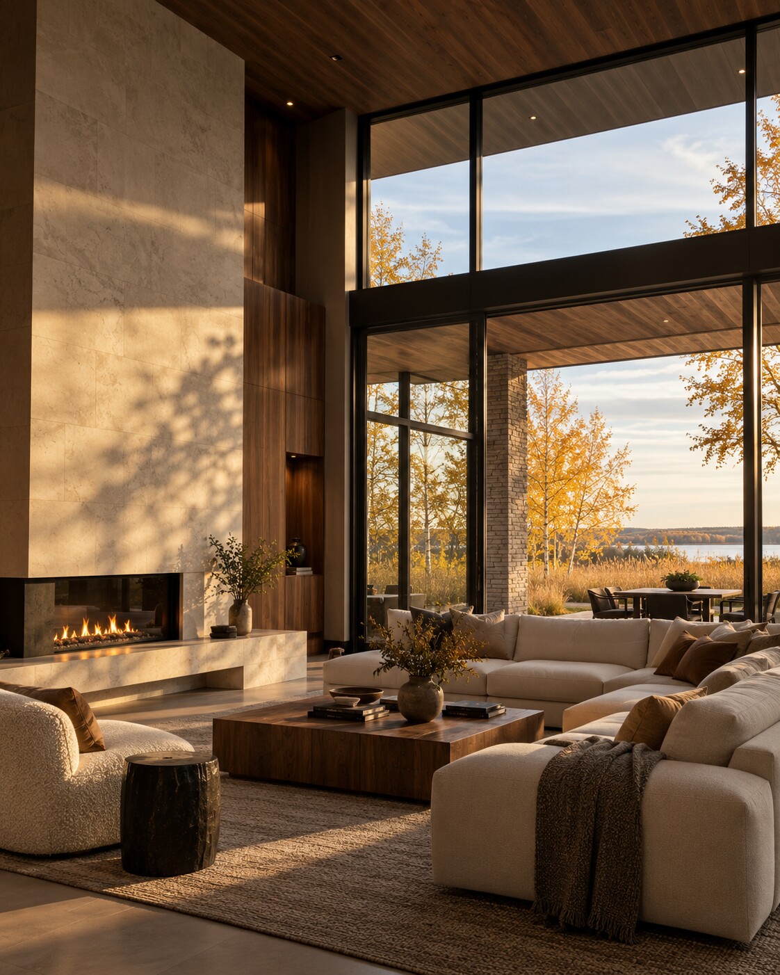 Warm modern living room with a fireplace, wood-clad ceiling, floor-to-ceiling windows and autumn trees outside