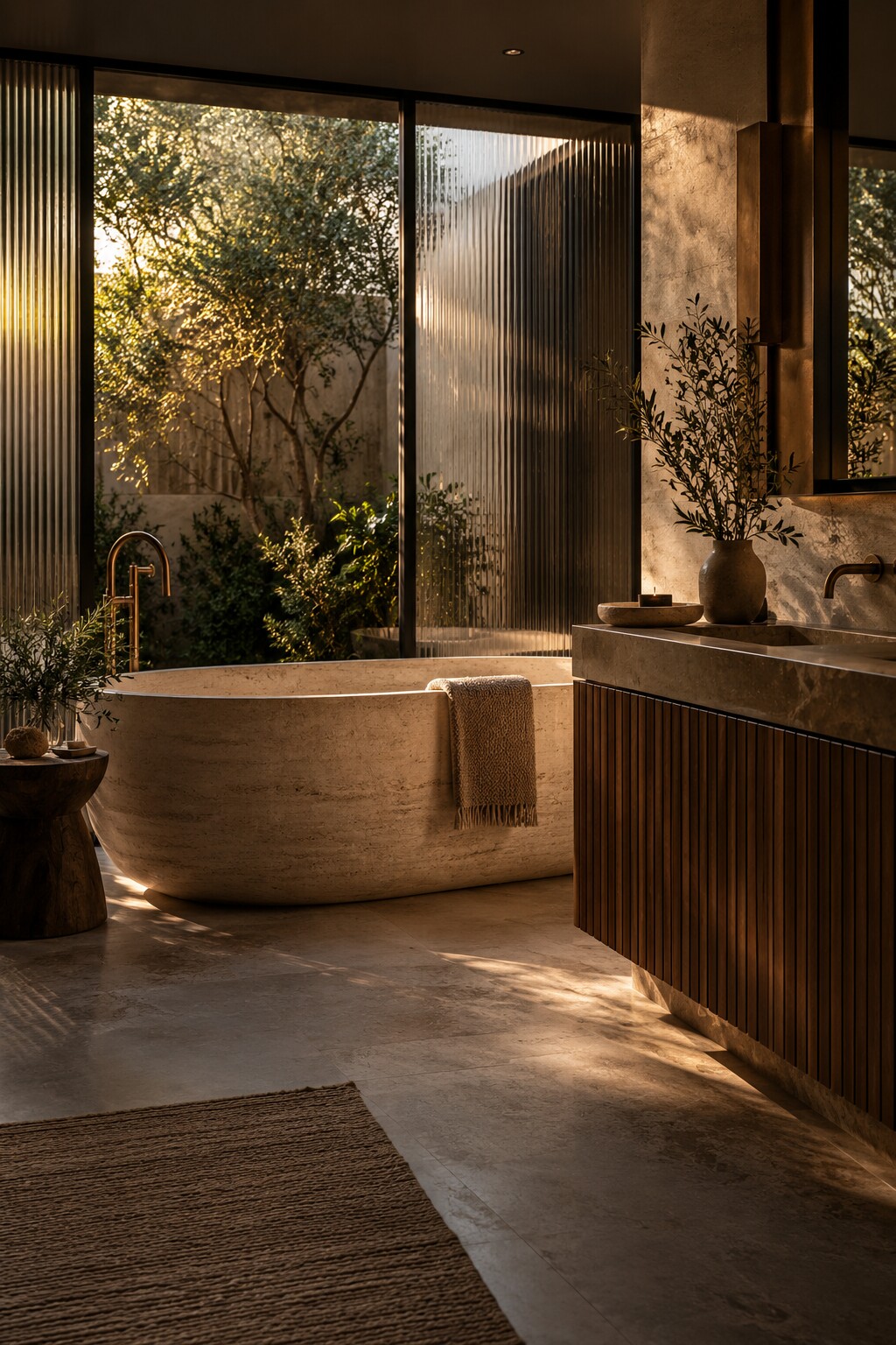 Contemporary private bathroom with natural stone bathtub, walnut detailing, garden light and greenery