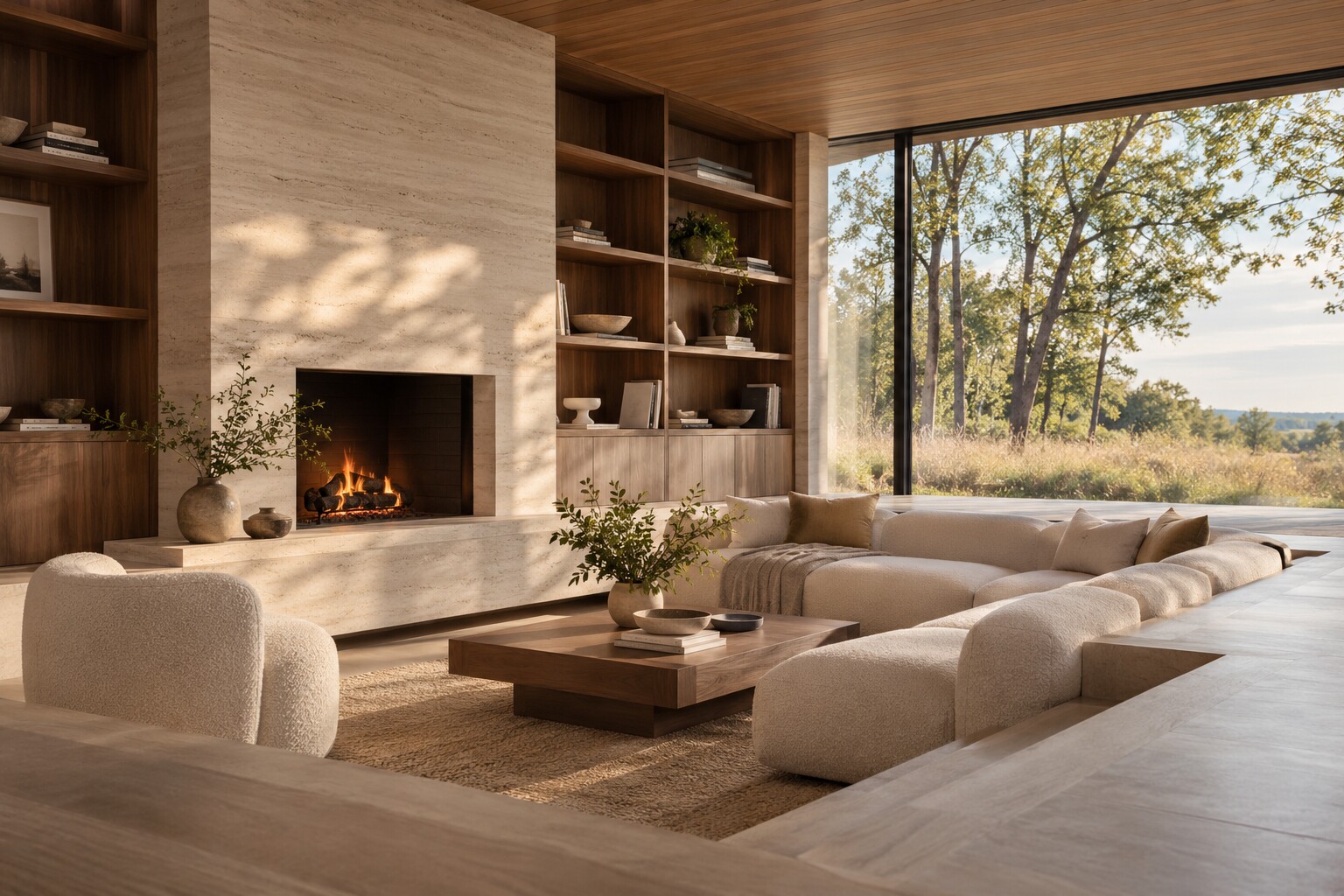 Warm modern living room with fireplace, neutral seating, wood shelving and a view toward prairie landscape