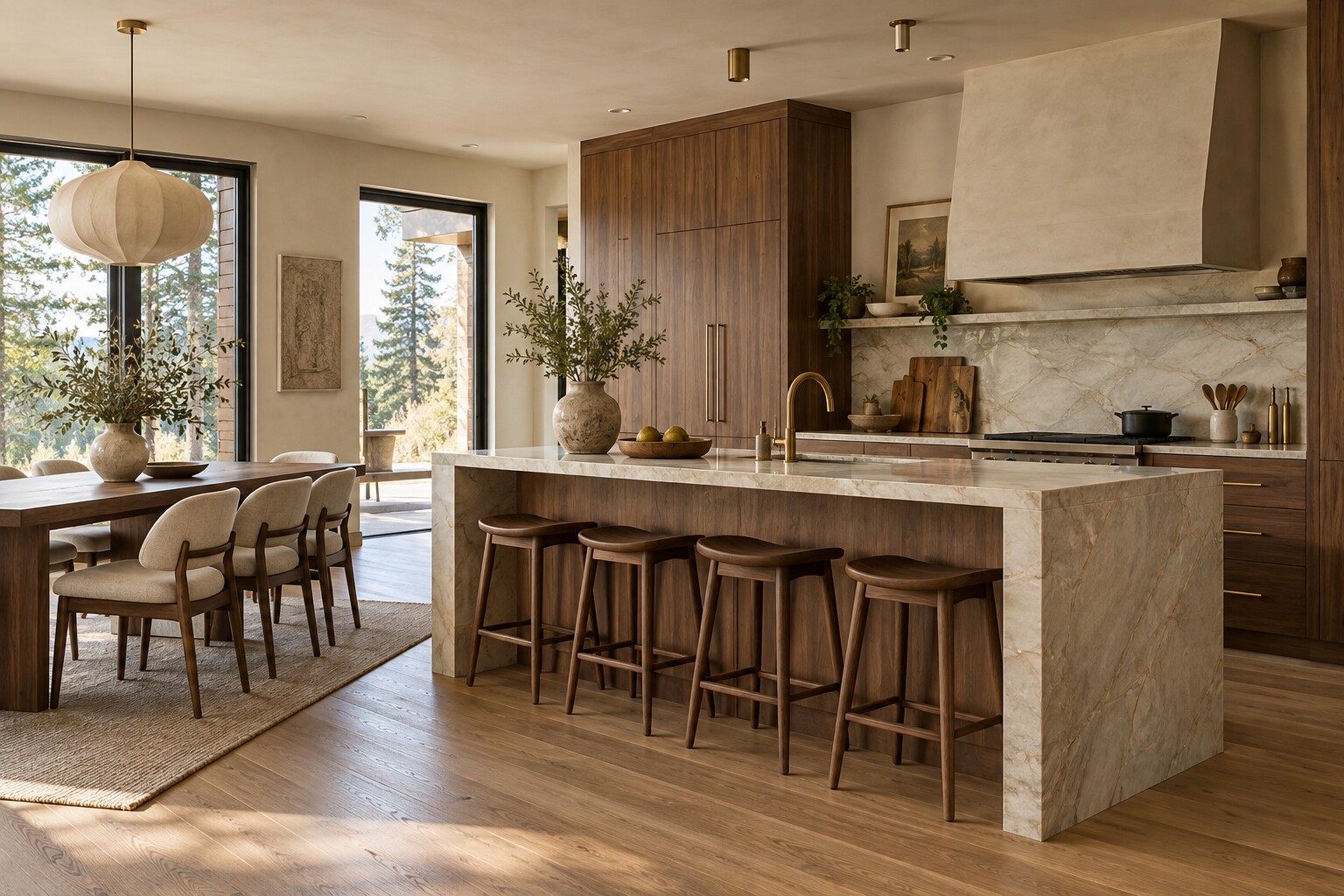 Modern kitchen with natural stone island, walnut cabinetry and warm natural light