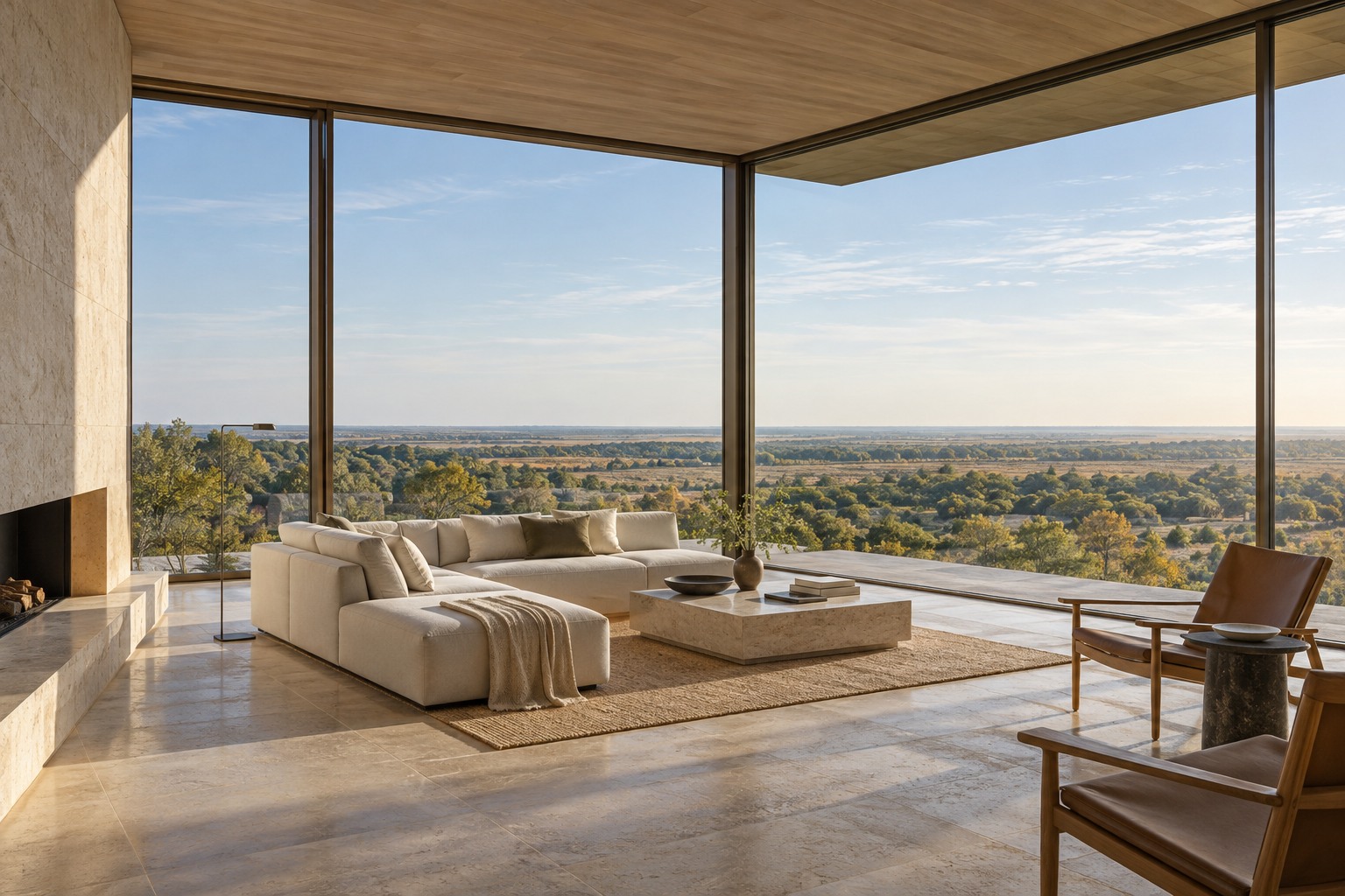 Contemporary room with expansive graphite-framed corner windows overlooking open prairie woodland