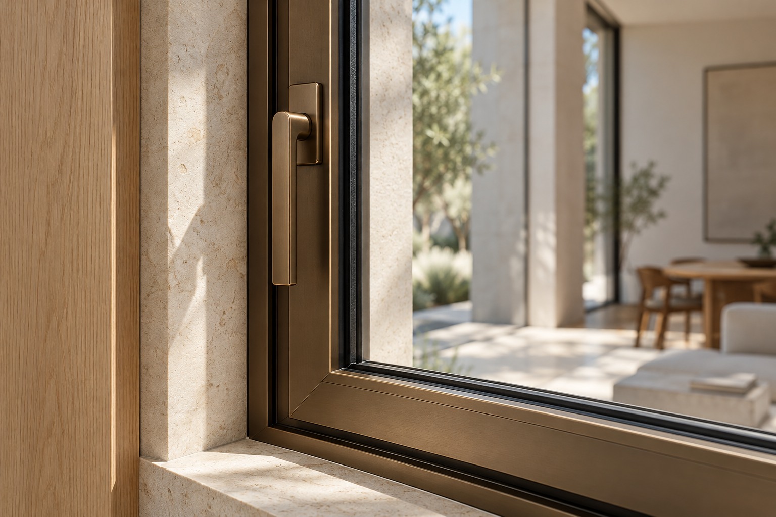 Close view of an anodized bronze window frame, handle, gasket and limestone reveal