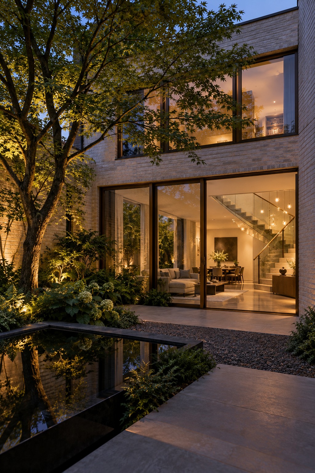 Twilight urban courtyard with pale brick, bronze-framed glass doors and a glowing stair beyond
