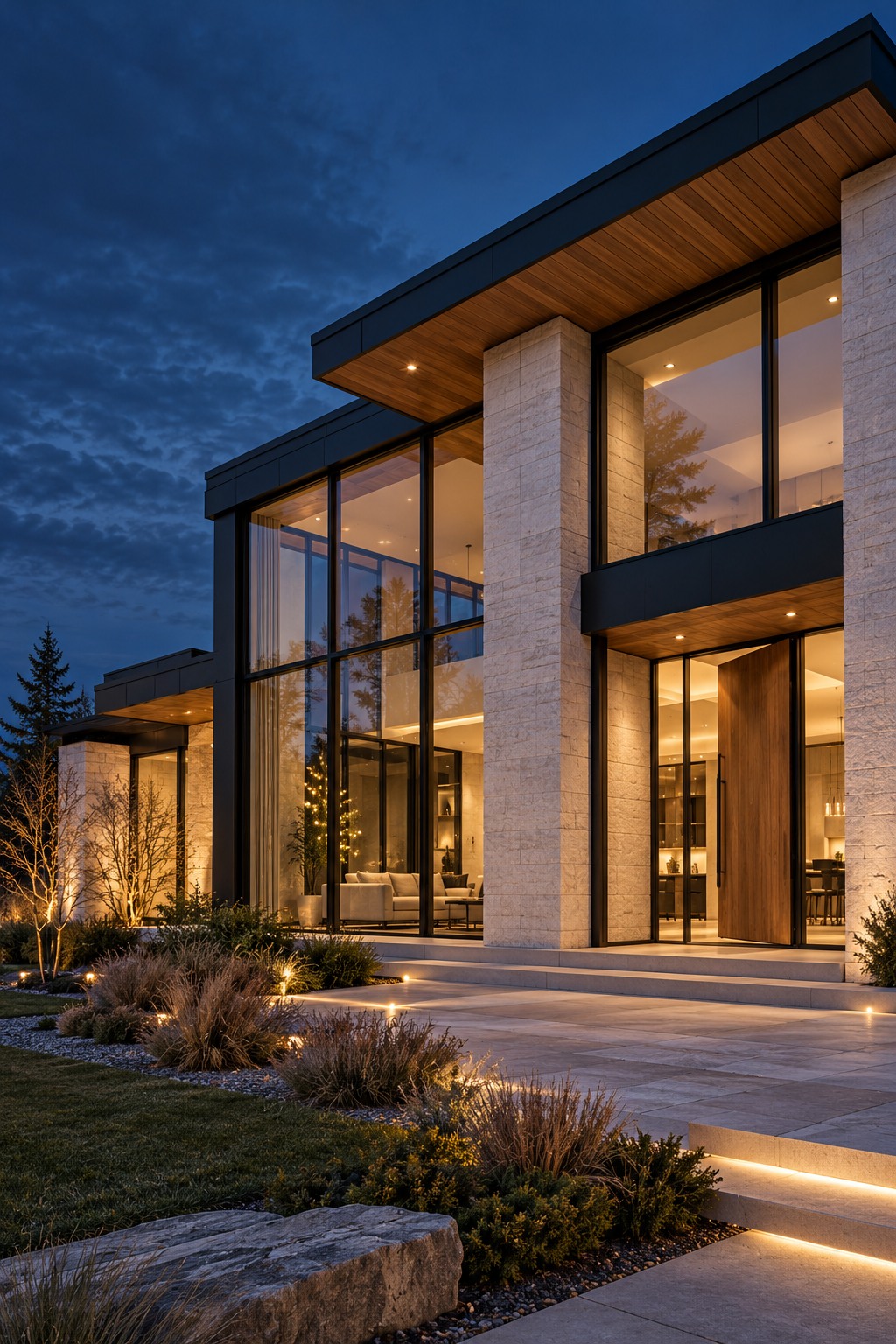 Contemporary pale-stone residence with tall dark-framed windows glowing at blue hour