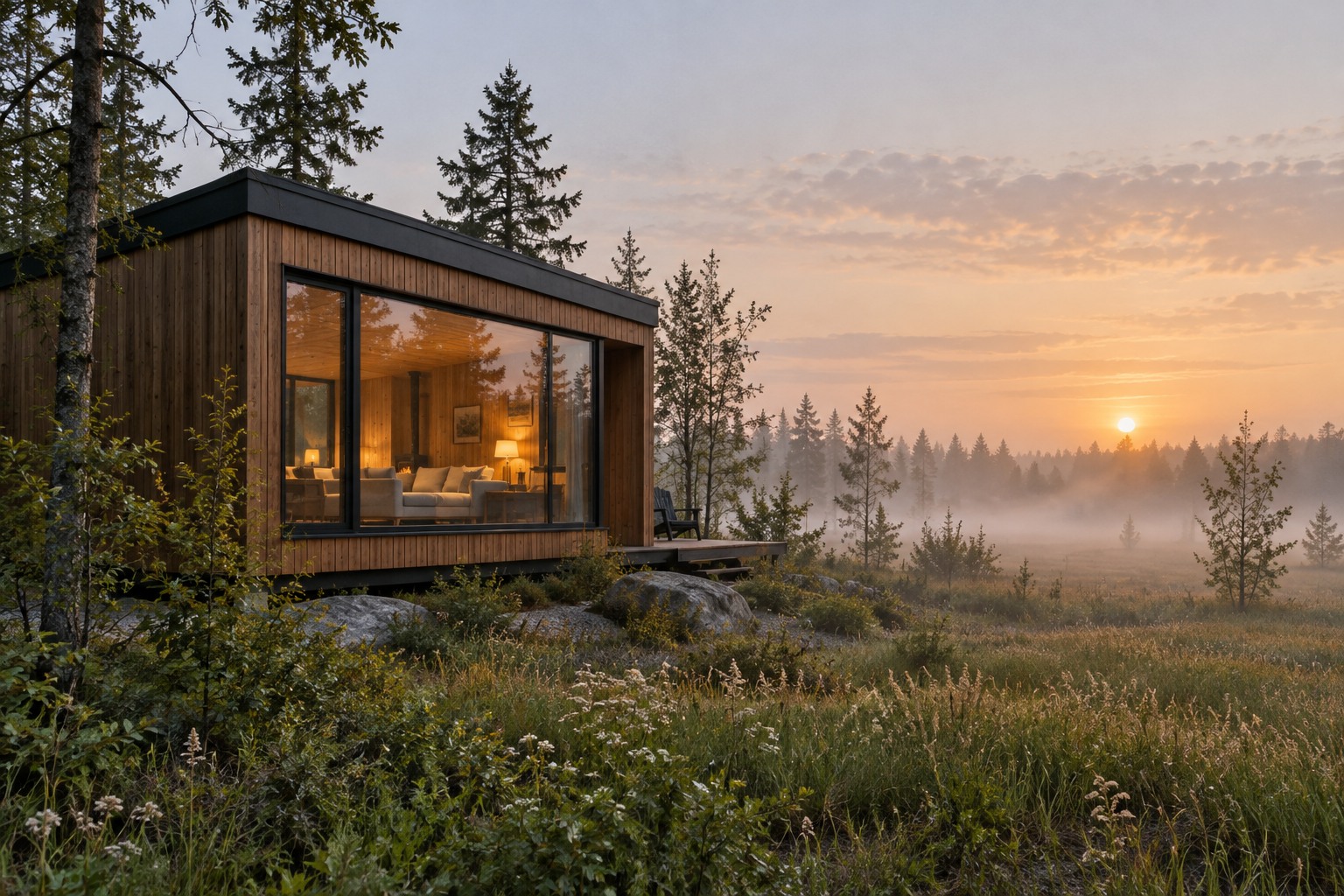 Compact cedar-clad field house with a panoramic corner window at misty dawn