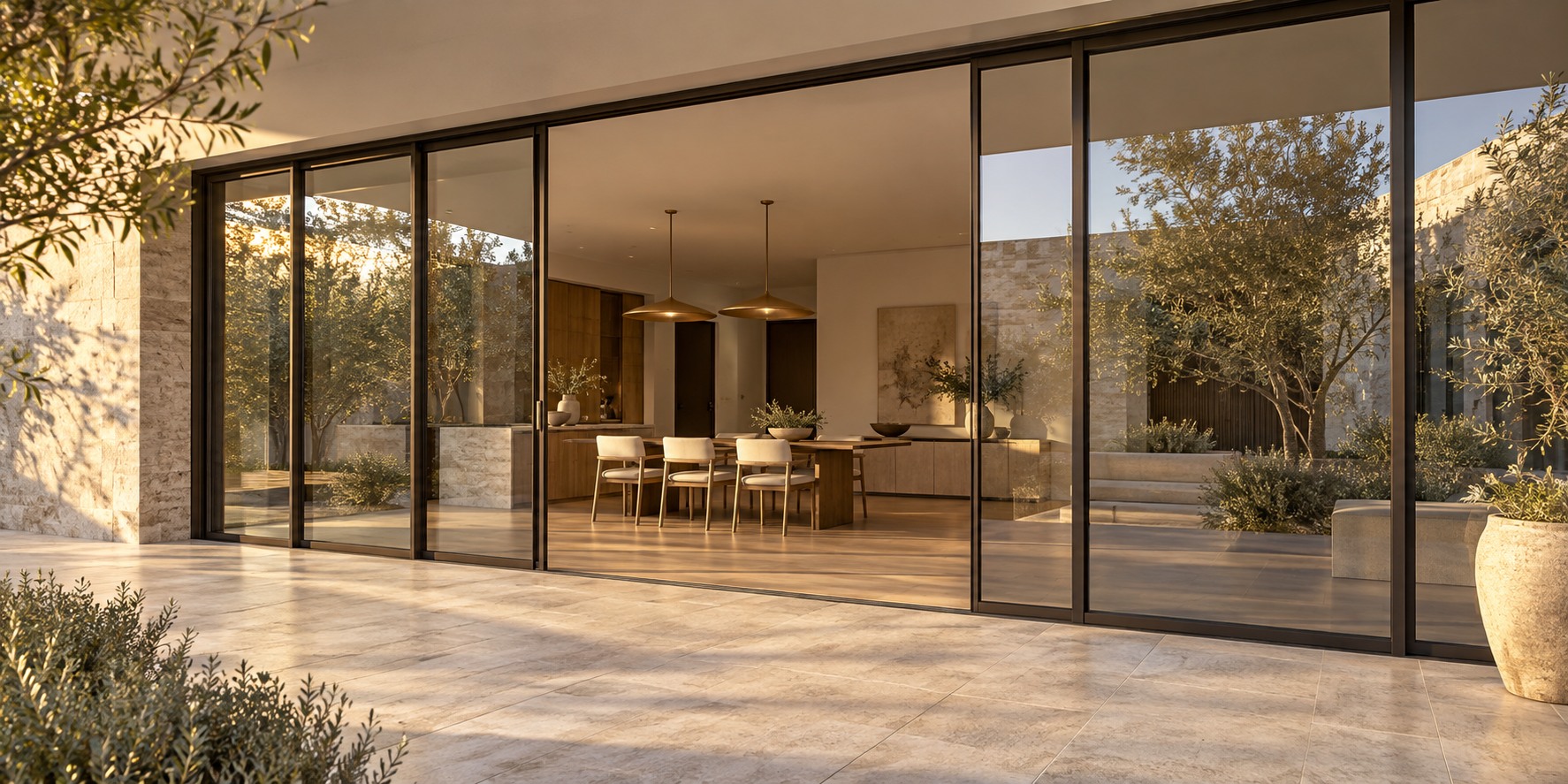 Four-panel bronze-framed sliding glass wall opening a warm dining room to a limestone courtyard
