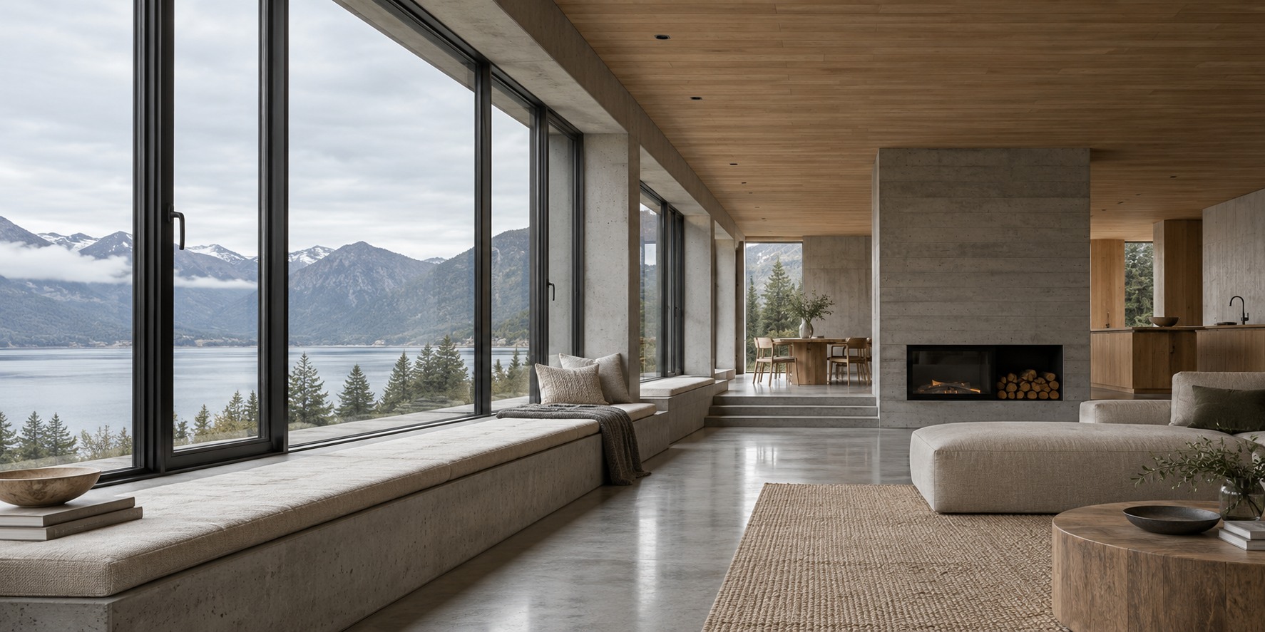 Long contemporary room with dark-framed panoramic windows, pale stone floor and oak ceiling