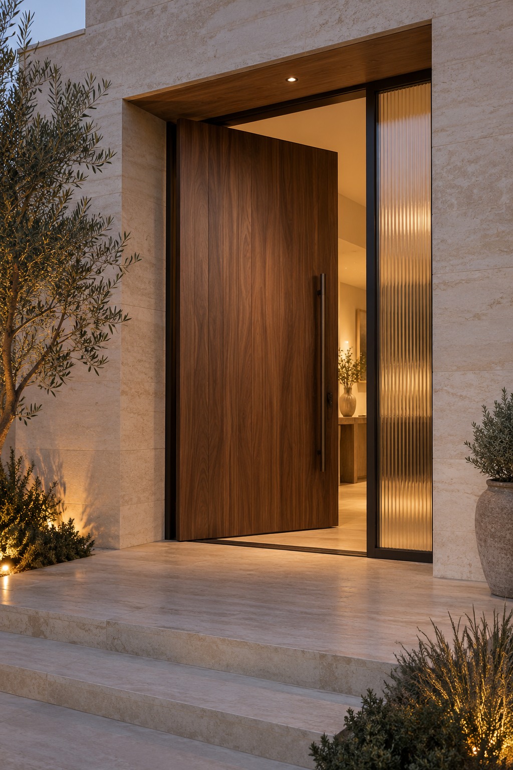 Oversized vertical-grain walnut entry door with bronze pull and reeded-glass sidelight