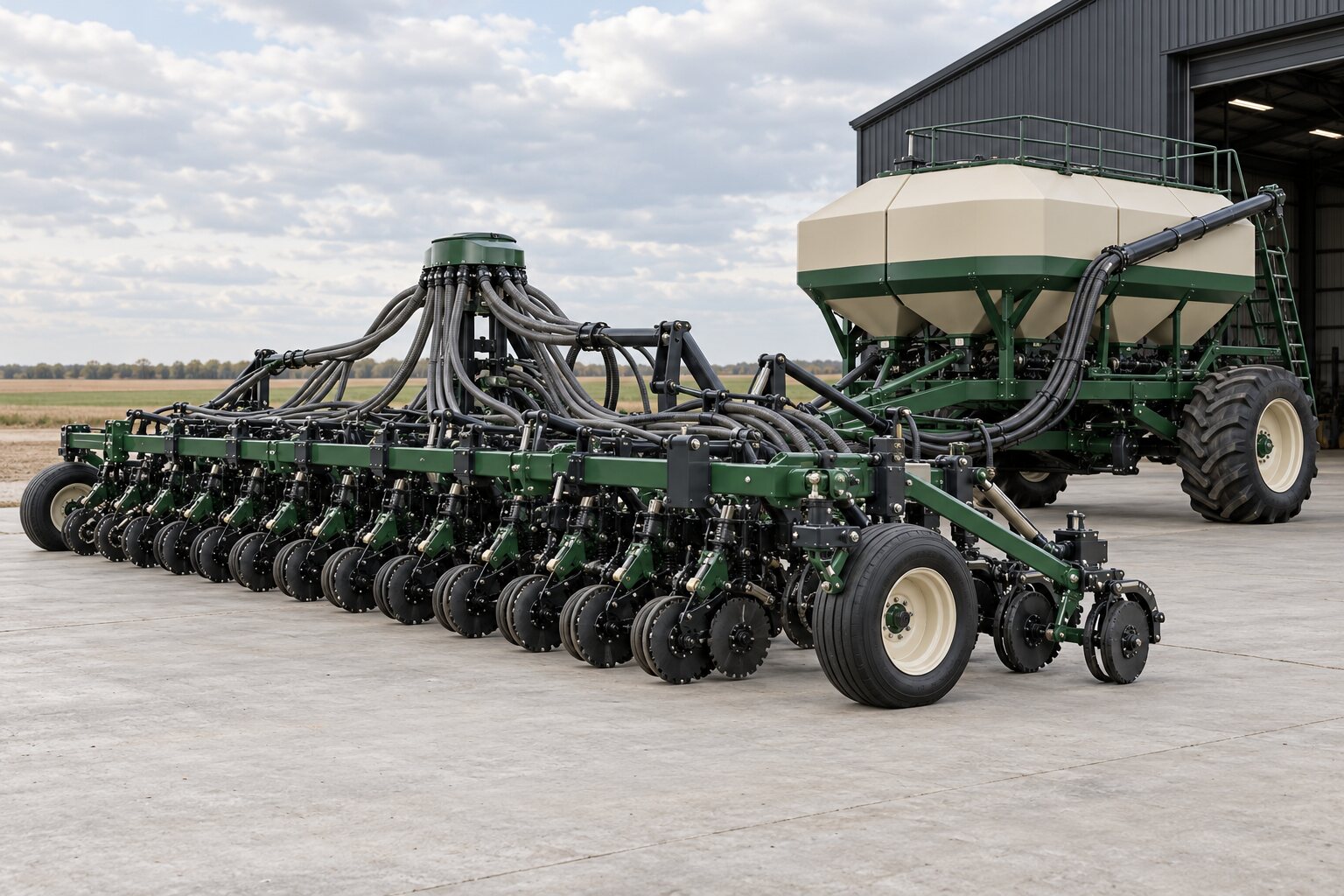 Fictional air drill and cream seed cart parked on a clean apron beside a dark farm shed