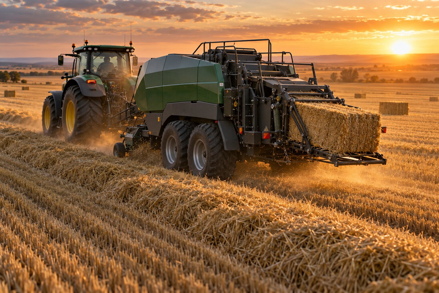 Fictional large square baler following a tractor through golden windrows at sunset