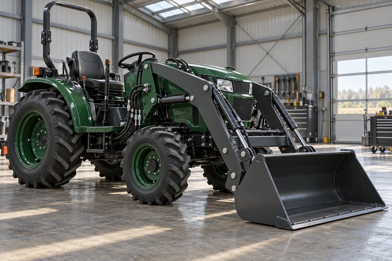 Forest-green compact utility tractor with graphite front loader in a bright service bay