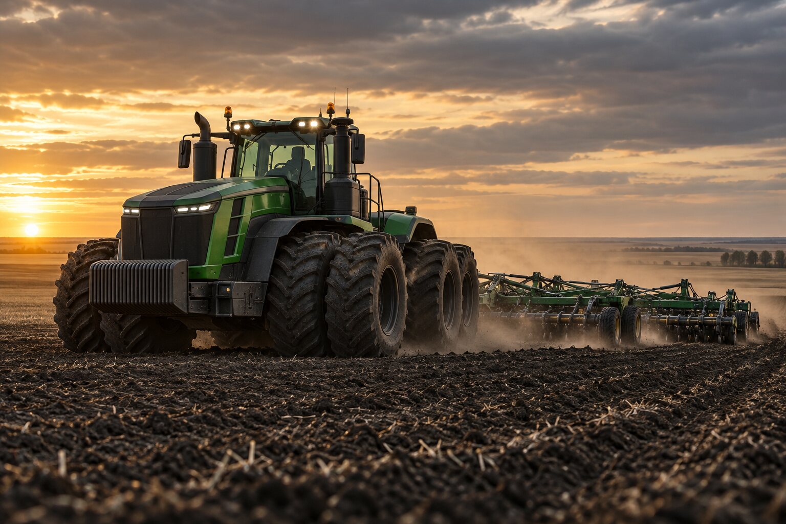 Large forest-green articulated tractor pulling a wide cultivator across dark prairie soil at sunrise