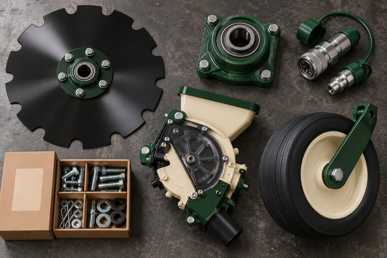 Overhead arrangement of fictional agricultural disc, bearing, hydraulic couplers, seed meter, gauge wheel and fastener kit