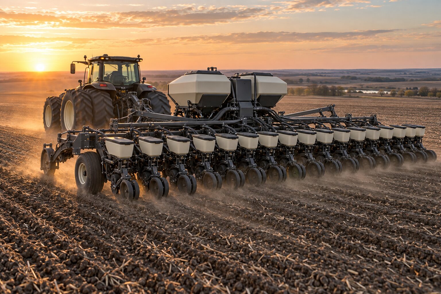 Wide fictional row planter placing seed across a prairie field at sunrise