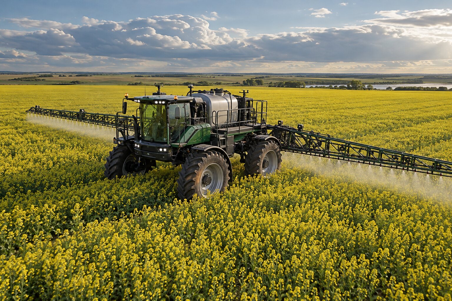 Fictional self-propelled sprayer with long booms crossing a yellow canola field