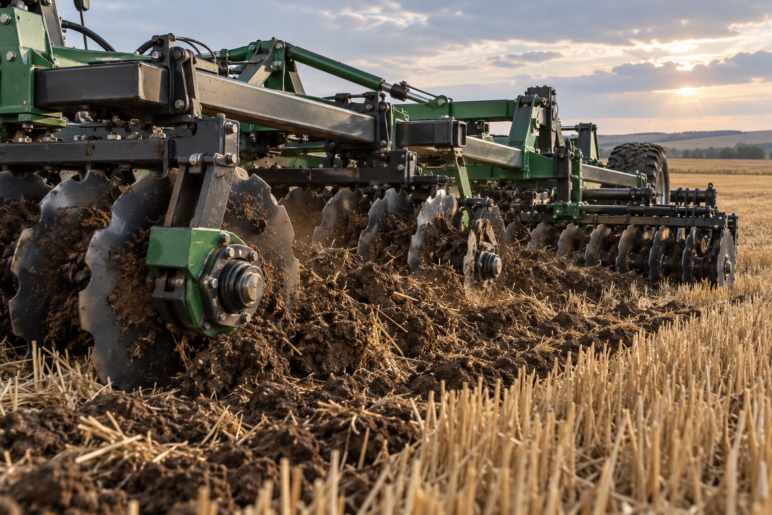 Close low view of a heavy fictional disc implement cutting through wheat stubble