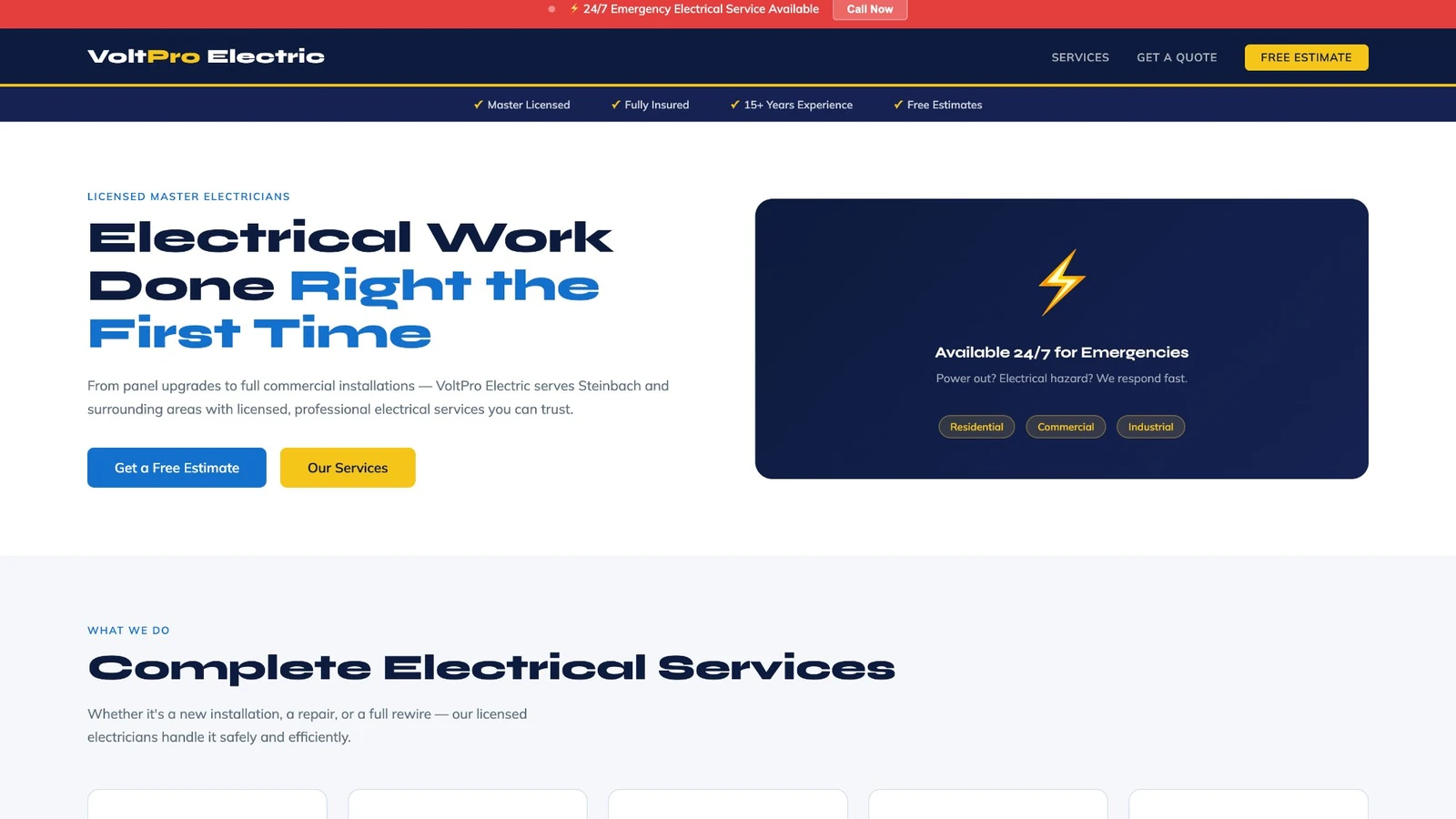 VoltPro Electric website preview — electrician example