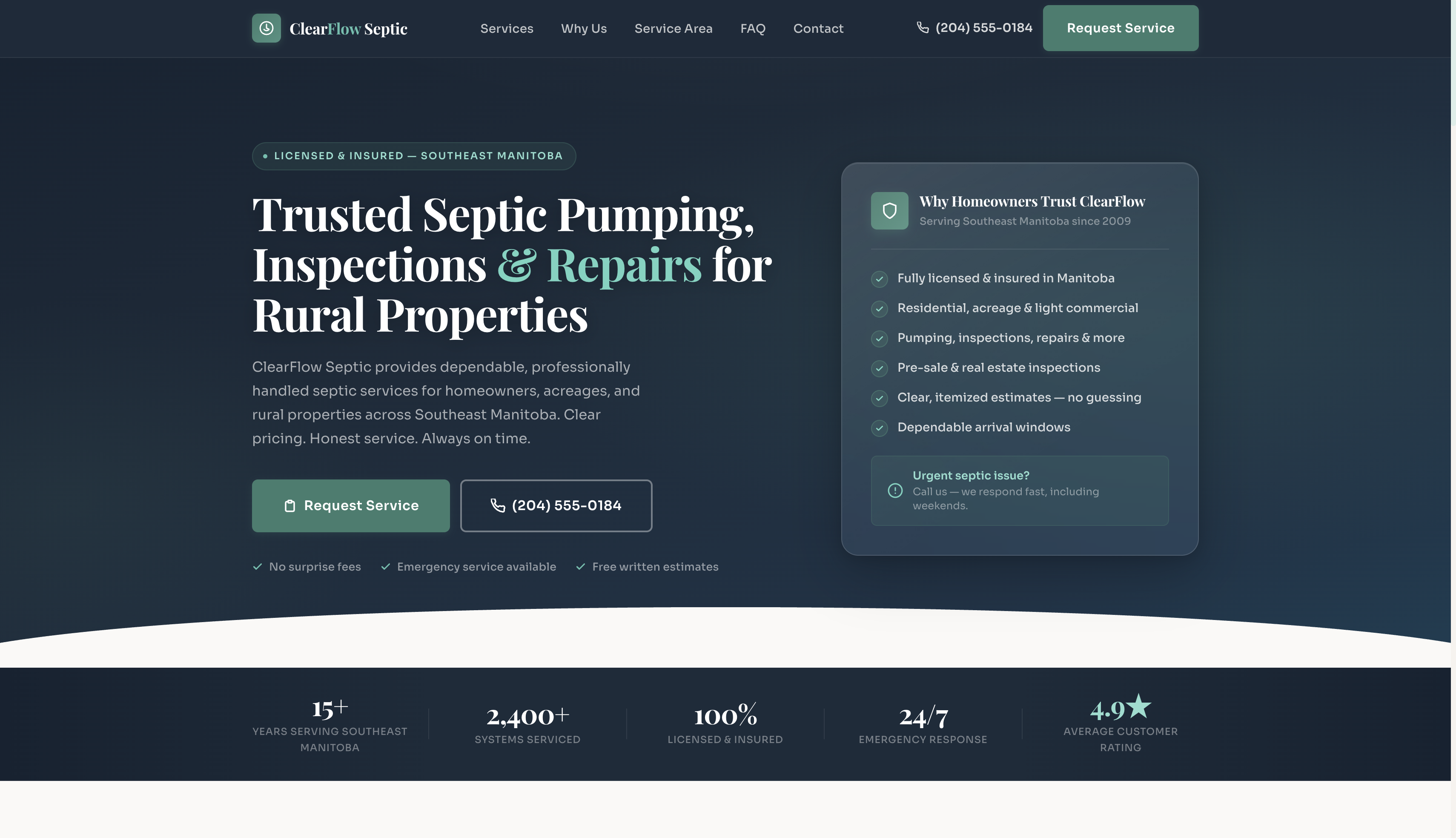 ClearFlow Septic website preview — septic service example
