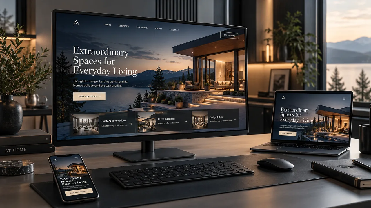 Illustration of a charcoal design workspace in warm evening light: a large monitor, a laptop and a phone all showing a fictional architecture studio website headlined &ldquo;Extraordinary Spaces for Everyday Living.&rdquo;