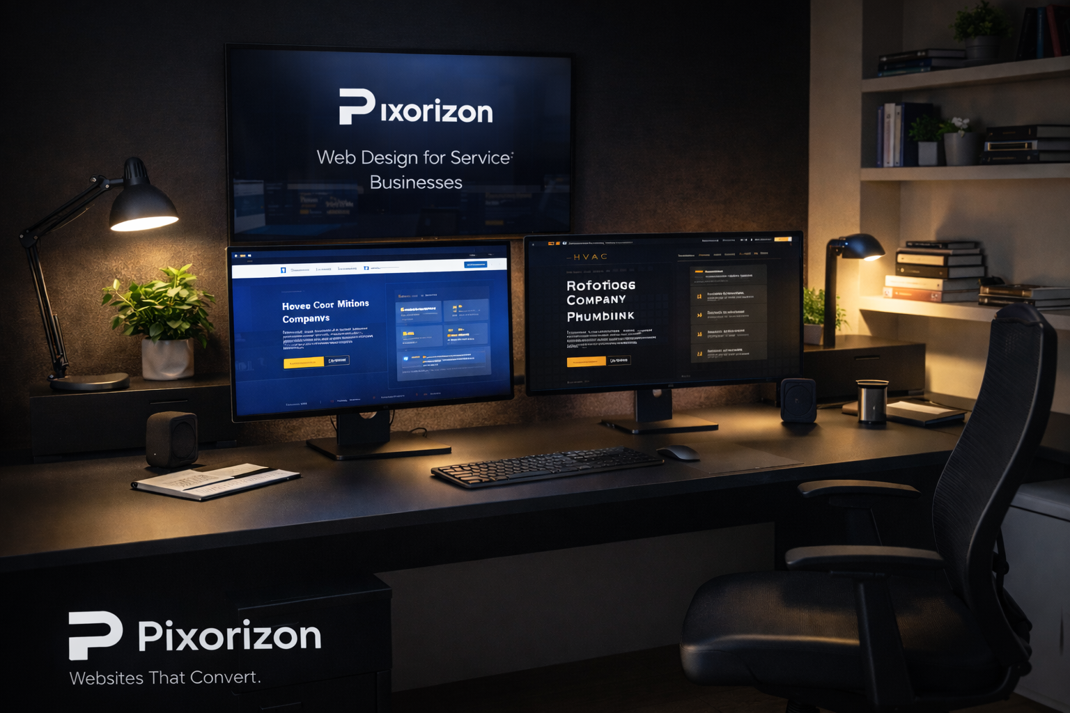 Pixorizon web design studio workspace — dual monitor setup showing conversion-focused service business websites