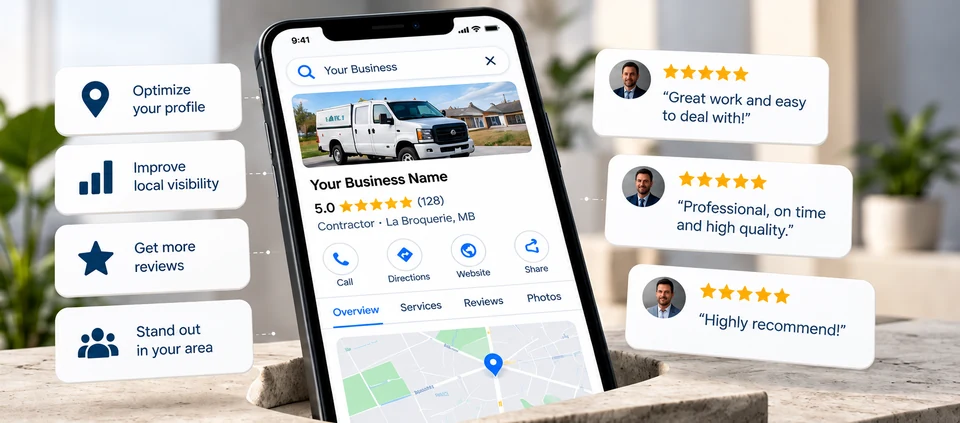 A phone showing a Google business profile with a five-star rating, surrounded by callouts about improving the profile and local visibility, getting more reviews, and sample customer review cards.