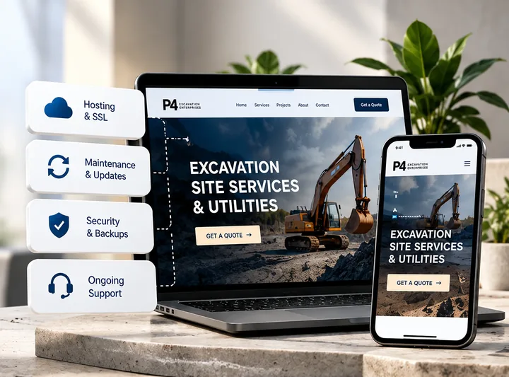 A custom service-business website shown on a laptop and a phone, surrounded by icons for hosting and SSL, maintenance and updates, security and backups, and ongoing support.