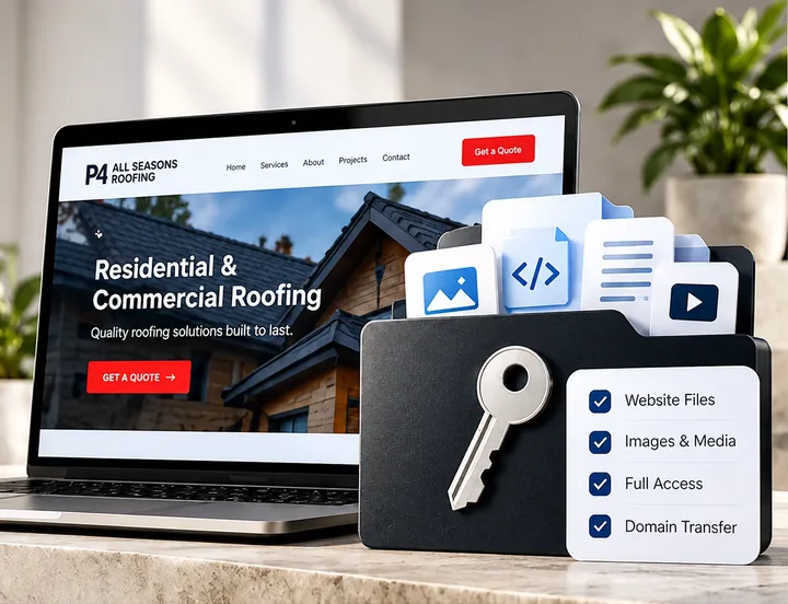 A custom website on a laptop beside a folder of website files, including images, code and documents, with a key and a checklist that suggest full ownership and access.